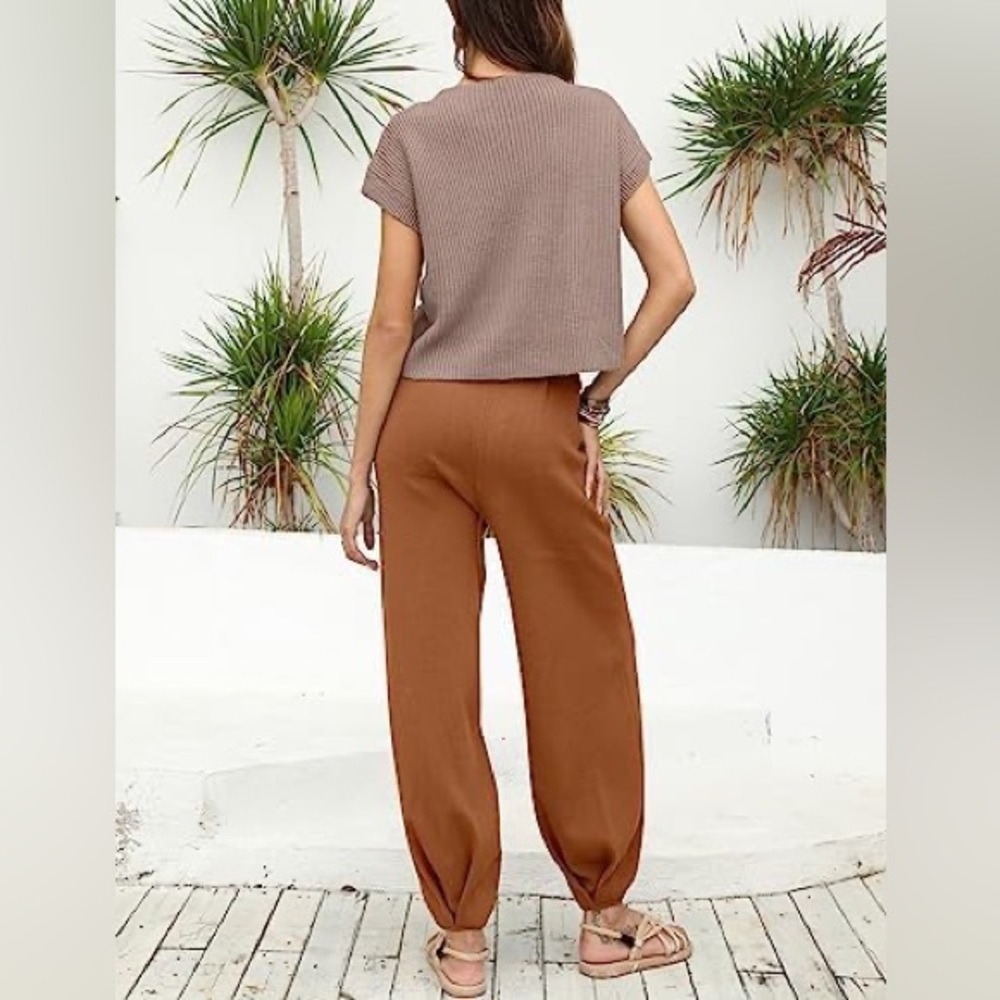 NEW Women's Brown Wide-Leg High Waist Knit Pants - Picture 3 of 8
